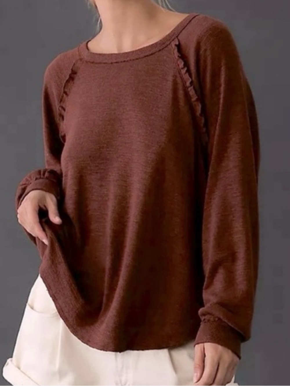 Pilcro Anthropologie Ruffled Raglan Thermal Top Womens S Rust Brown Relaxed Fit